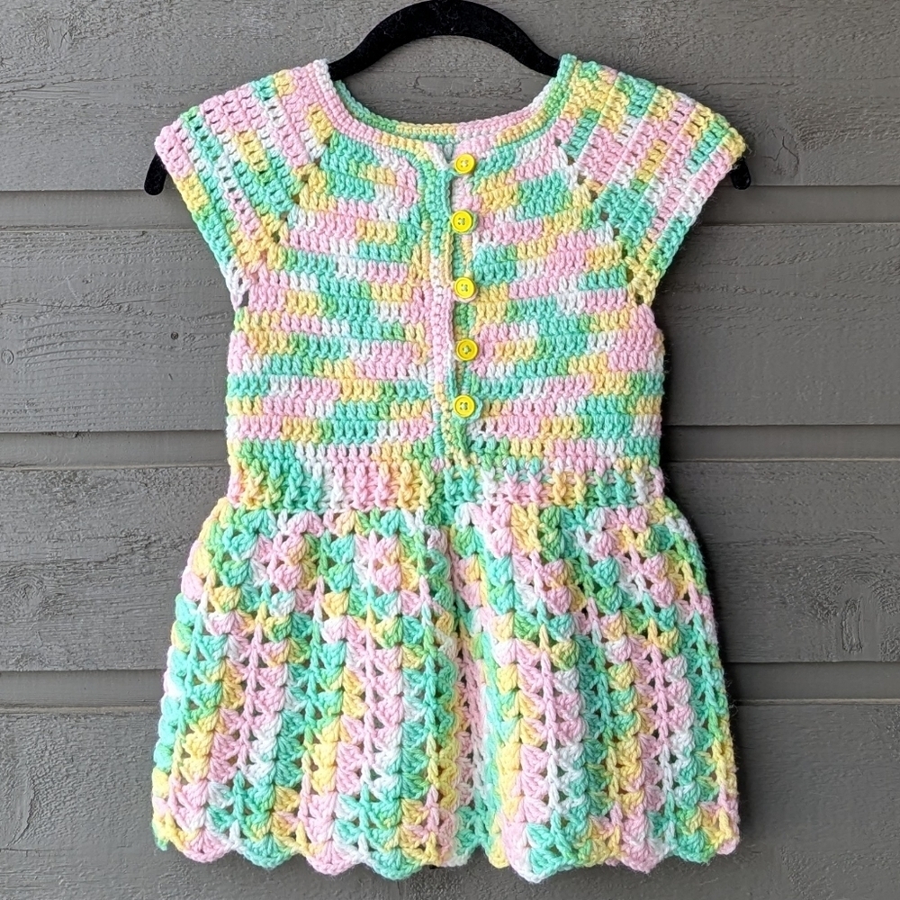 Handmade Colorful Crochet Kids Dress Pink Yellow Green White - Picture 6 of 6